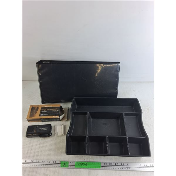 Rubbermaid Divided Tray 15" x 12" x 3", Optimus Microcassette Recorder, Folder - As Is