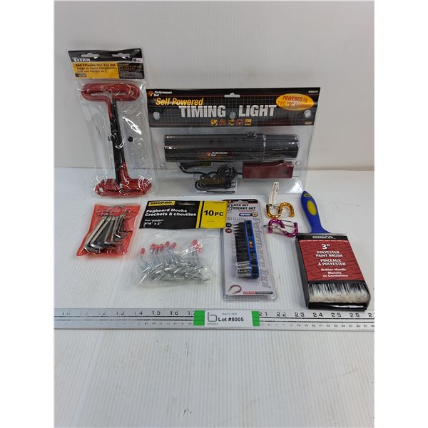 T-Handle Hex Key Set,Timing Light,Pegboard Hooks,Hex Key Set,Socket Set,Paint Brush and (2) S Clips