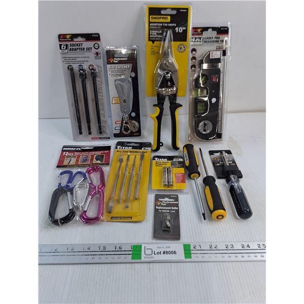 NOS Aviation Tin Snips,Size Catcher,Laser Pro Measuring Tool,Snap Hook Set,(2) Screwdrivers and more