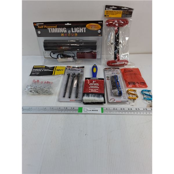 T-Handle Hex Key Set,Timing Light,Pegboard Hooks,Hex Key Set,Socket Set,Paint Brush and (2) S Clips