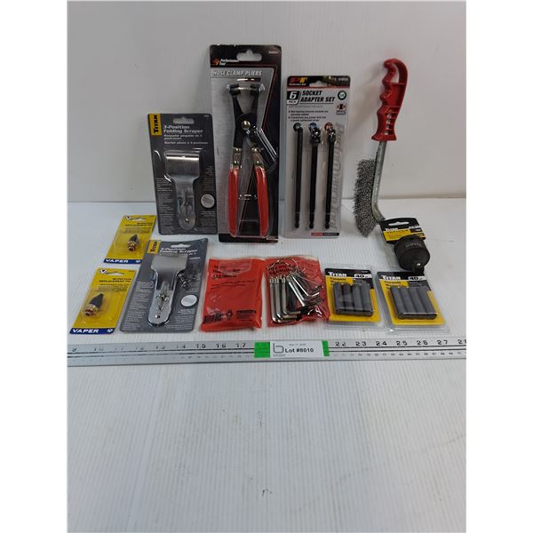 Hose Clamp Pliers,(2) Folding Scrapers,(2) Hex Key Sets,(2) Ceramic Magnetic Discs and more as pictu