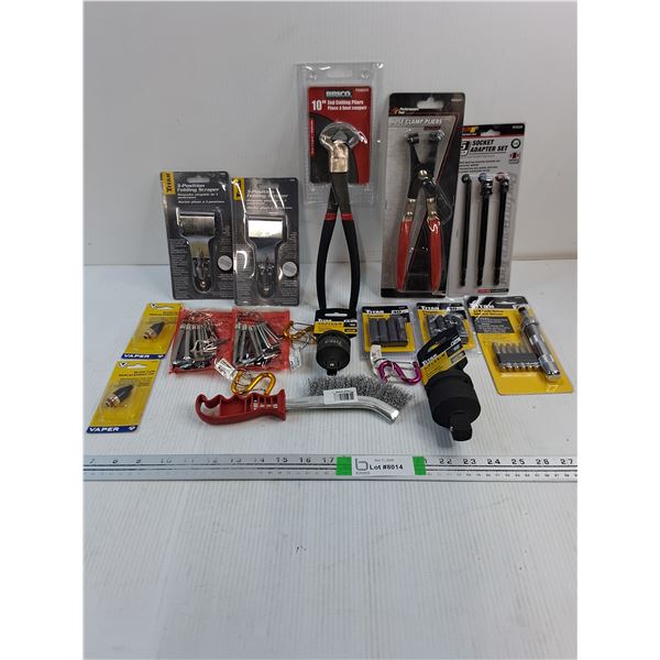 NOS 10" End Cutting Pliers,Hose Clamp Pliers,(2) Folding Scrapers,(2) Socket adapters and more as pi