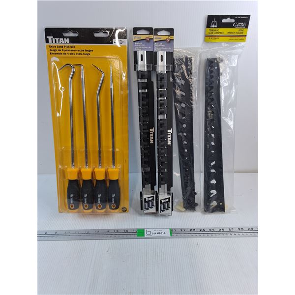 NOS 4 PC. Titan Extra Long Pick Set,(2) Socket Organizers and (2) 20 PC. Wrench Holders