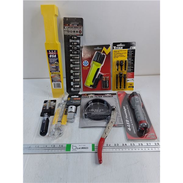 NOS (2) Flashlights,Stubby&Wobble Socket Adapter Set,Chain Oil Filter Wrench,Jumbo Wedge and more as