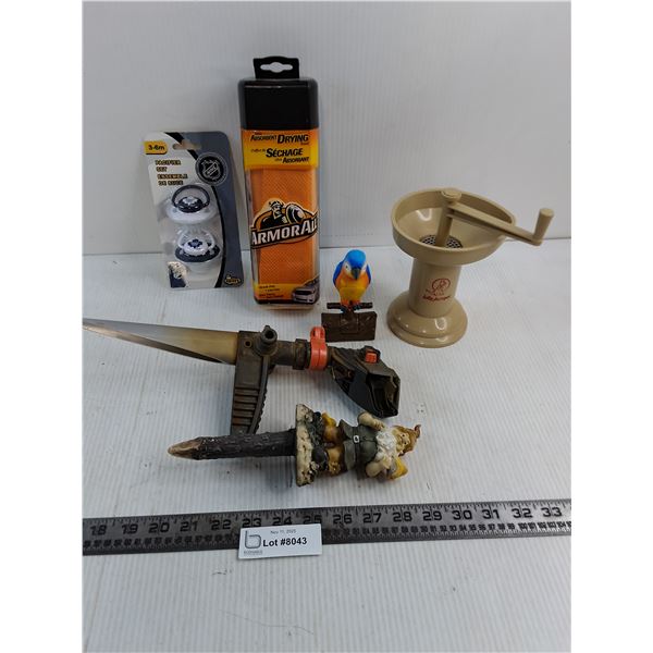 NIB Maple Leafs Pacifiers, Armor All Towel, Garlic Press/Shred, Lawn Sprinkler, Decor