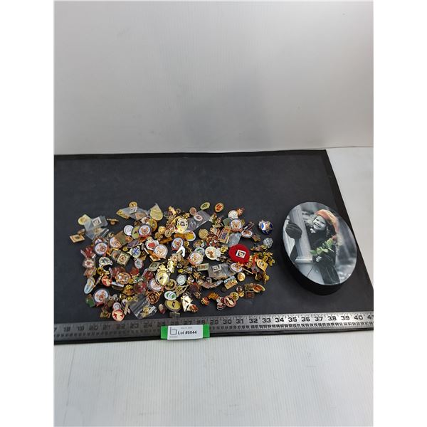 Large Quantity & Assortment of Lapel Pins w/Decorative Box