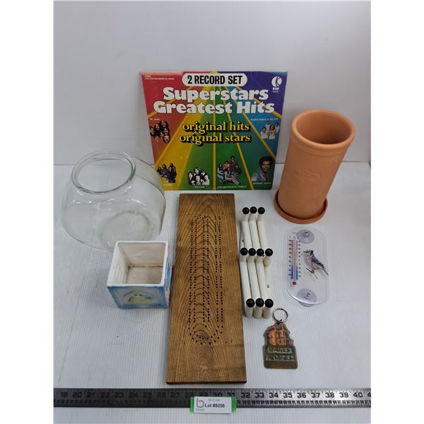 Fish Bowl, Crib Board, Earthenware Wine Cooler, Mixed Record Set, Wall Hanger, Misc.