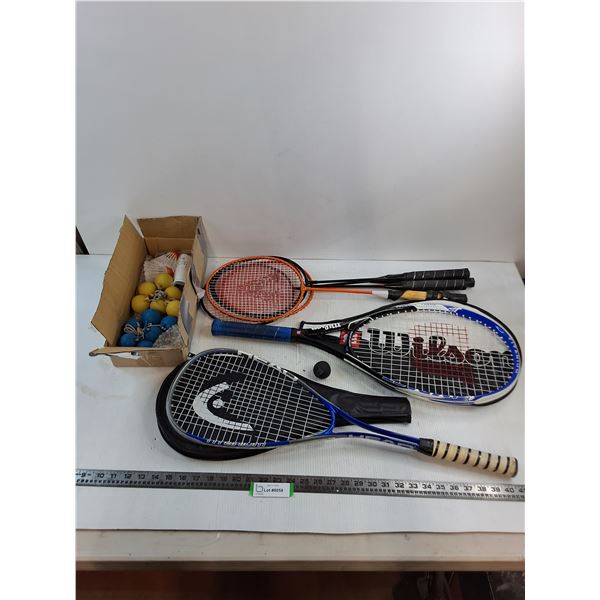 Racquets: 5-Badminton, 1-Wilson Tennis, 1-Head Squash, 2-Covers, Birds, Ladder Balls, Squash Ball