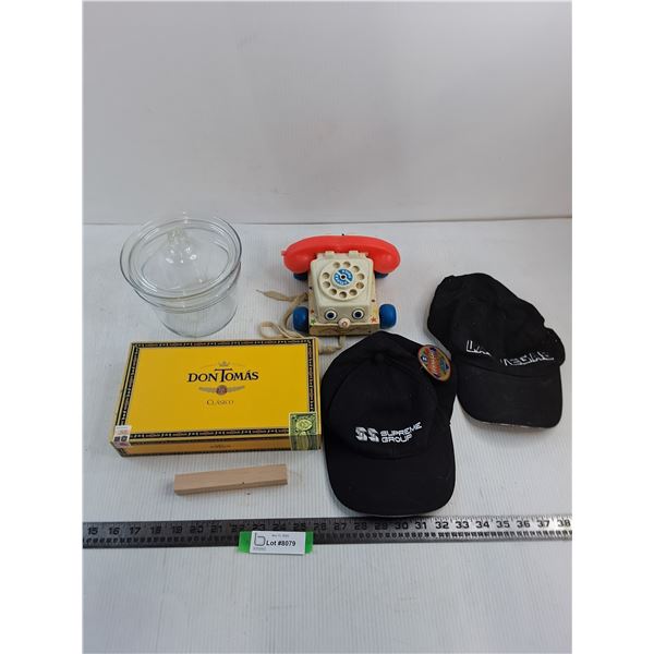 Don Tomas Cigar Box, Glass Jar, Fisher Price Phone, Ball Caps