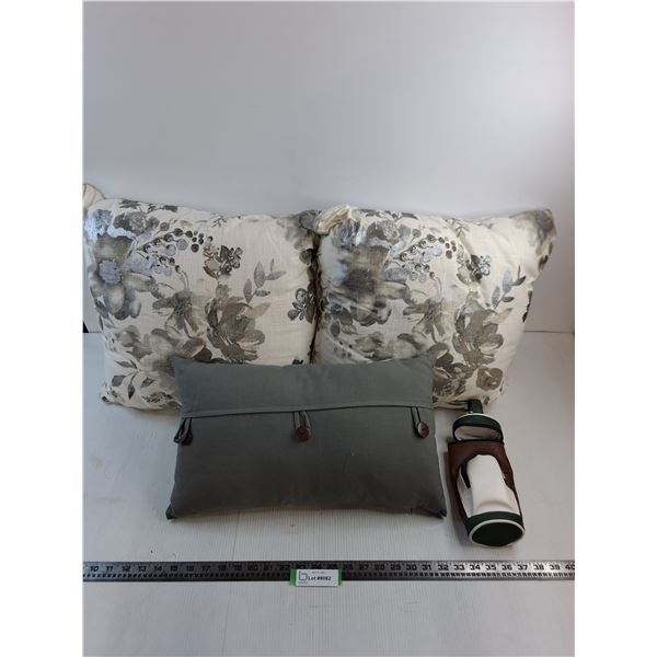 (3) Throw Pillows (Cream/Grey/Silver) - Largest 16" x 16", Golf Ball "Golf Bag" Holder