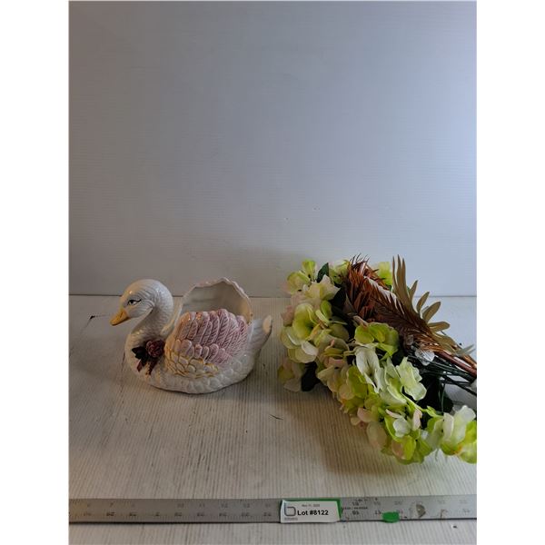 Glass Decorative Planter 10" Long/ Artificial  Hydrangea Bunch