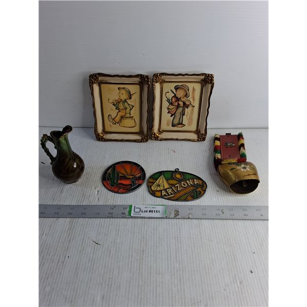 (2) "Hummel" Pictures 6" x 5"/ (2) Stained Glass Window Hangers 4"/ Vintage Pitcher 5"/ Cow Bell