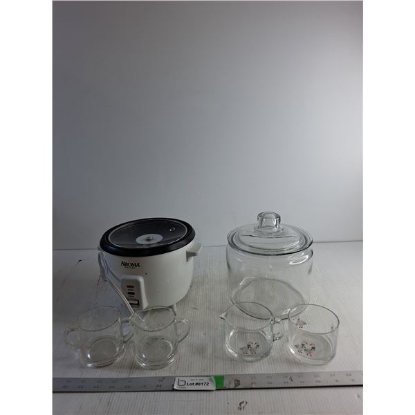 Aroma Rice Cooker (Powers On)/ Clear Glass Canister With Lid/ Creamer And Sugar Sets