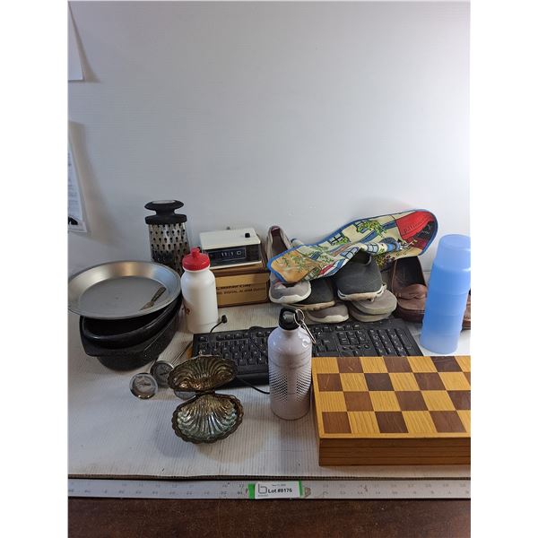 Roaster/ Pie Plates/ Alarm Clock/ Womens Shoes Size 7/ Key Board/ Misc.