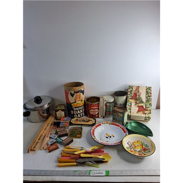 Pots/ Old Food Tins/ Match Boxes/ Thermometer/ Misc.