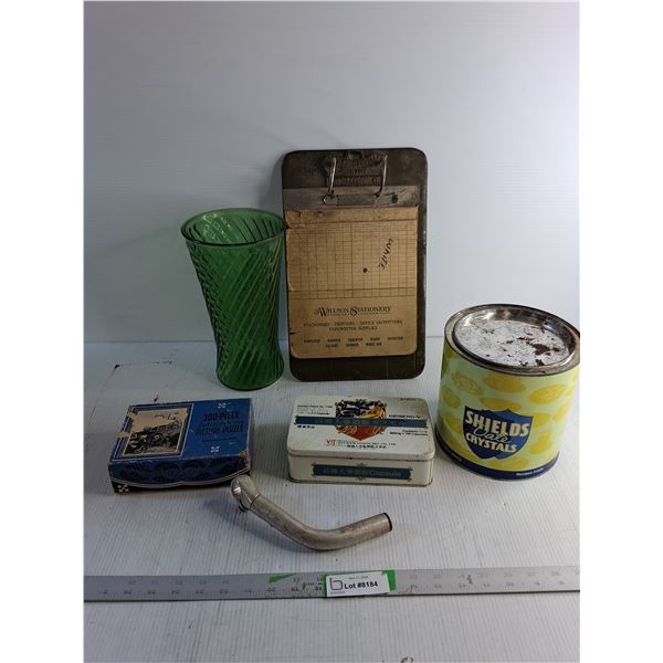 Green Glass Vase 10.5"/ Wilson Stationary Board/ Food Tins/ Misc.