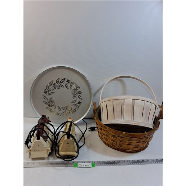 (2) Baskets, Floral Platter, (2) Vintage Irons