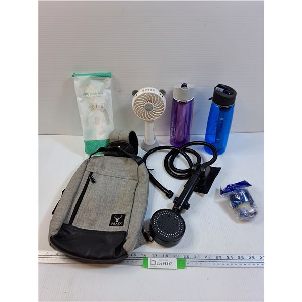 (2) Water Bottles, Shower Head, Water Bottle Cap, Baby Safety Lock, Fan