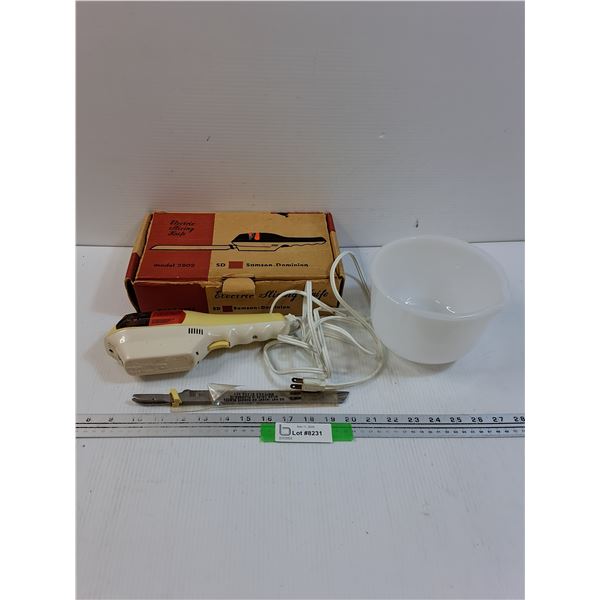 Glasbake Sunbeam Milk Glass Mixing Bowl, Electric Carving Knife Set - Powers On