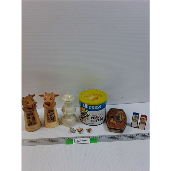 Rileys Toffee Black Americana Tin, (2) Moo-Cow Creamers, Esso Salt & Pepper Shakers, Empress Peanut 