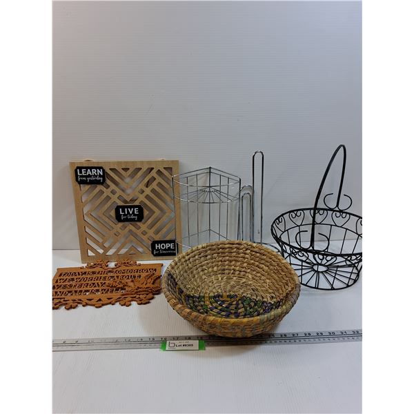 (2) Wooden Signs, Woven Basket, Metal Basket, Misc