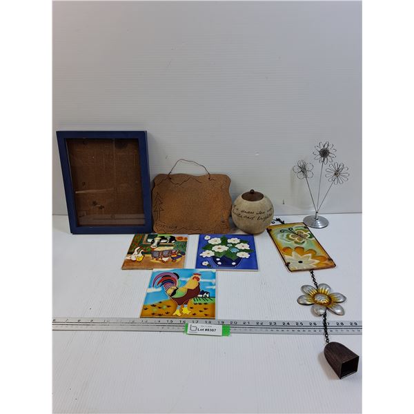 Picture Frames, (3) Ceramic Kitchen Tiles, Wind Chime, Tealight Holder