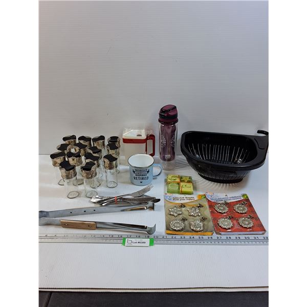 Spice Jars, BBQ Tongs, Strainer, Coasters, Misc