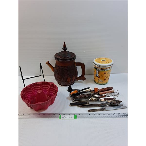 Wooden Pitcher (Handle is Glued), Bundt Pan, Cutlery, Coffee Container
