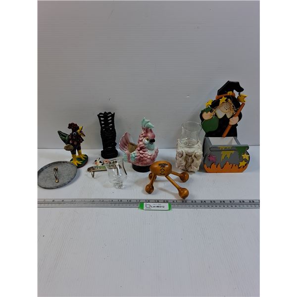 Figurine Lot: Rooster, Cockatoo , Angels, Witch, Tiki Tiki, Misc
