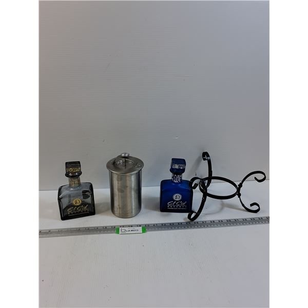 Milk Frother, (2) Liqueur Decanters, Metal Decor Base