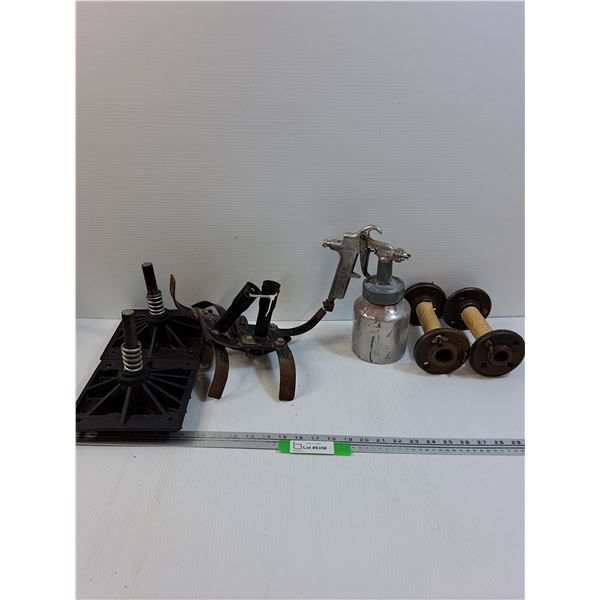 (2) Cast Iron Base Feet, Rototiller Tines, Thomas Gravity Feed Paint Gun, (2) Base Feet