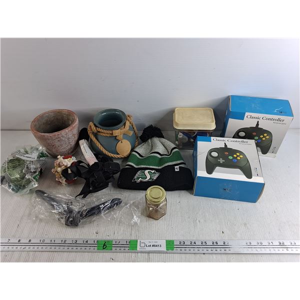 Planters, Saskatchewan Roughriders Winter Hat, Corded Controllers, Various Sewing Supplies