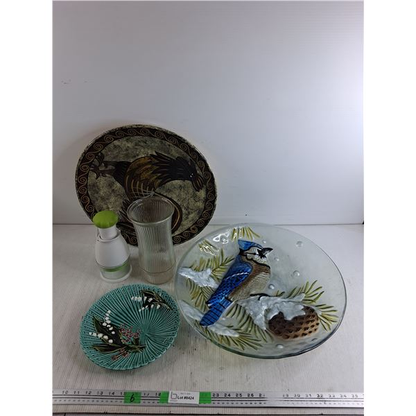 Glass Vase, Food Chopper, Ceramic Plate, (2) Glass & Ceramic Platters 16" & 18", Cannot Ship