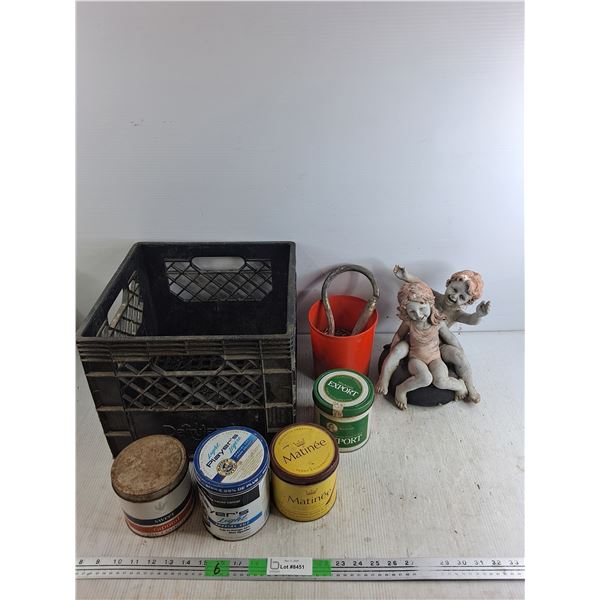 Vintage Tobacco Tins, Garden Decoration, Screws, Milk Crate 13" x 13" x 11, Cannot Ship