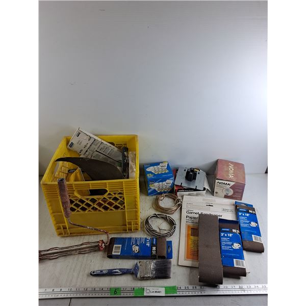 Sanding Belts, Sandpaper, Light Bulbs, Paint Brush, Milk Crate, Wire, Misc