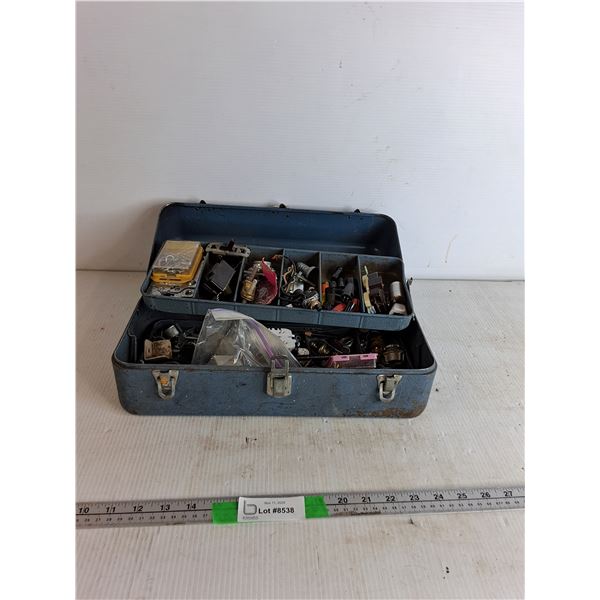 Blue Toolbox (with broken arms) Filled With  Various Fixtures and Electrical Parts