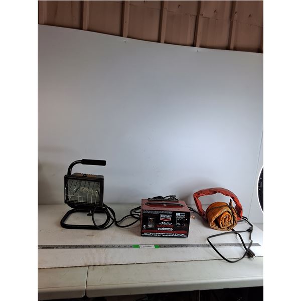 Battery Charger/ Engine Starter (as is), Work Lamp (powers on), Misc