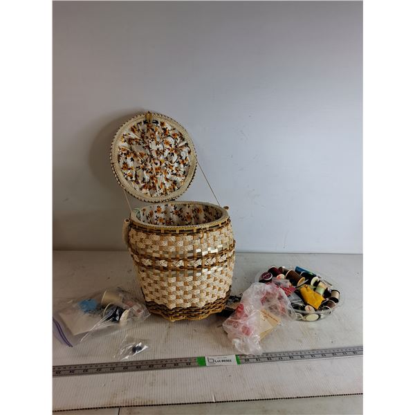 Basket of Sewing Supplies; Thread & Pins, Misc