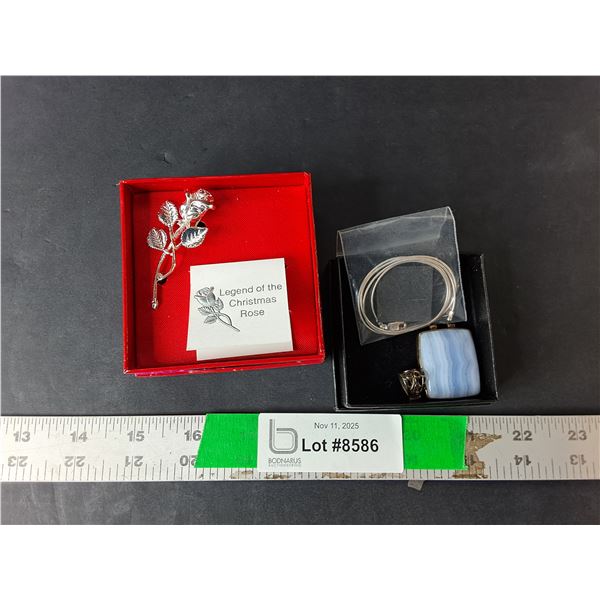 Agate Necklace & Christmas Rose Pin