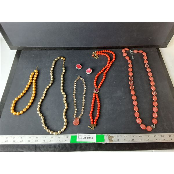 (5) Beaded Necklaces & Clip On Earrings