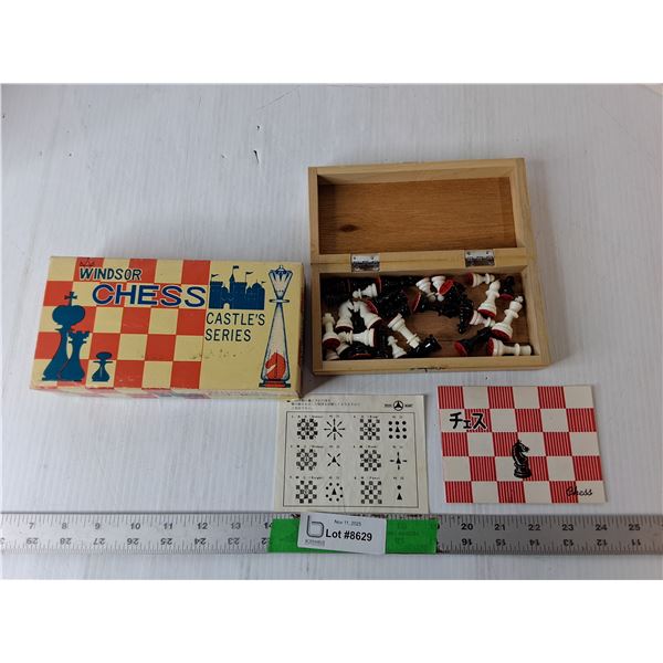 Vintage Miniature Wood Chess Board & Pieces