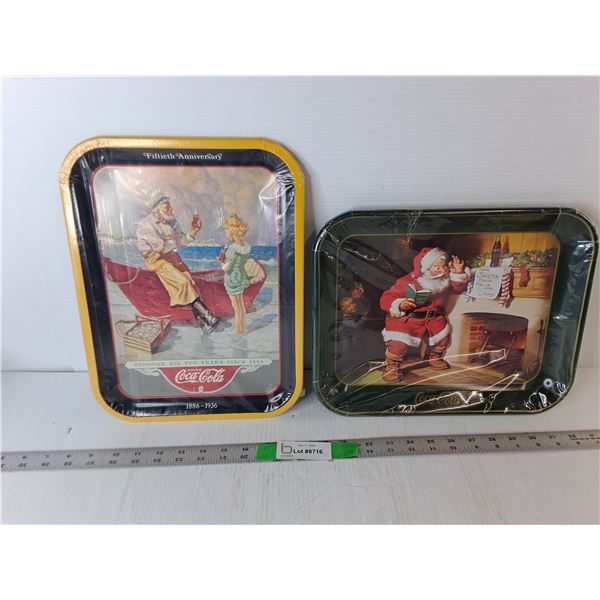 (2) Coca-Cola Trays- Santa & Fiftieth Anniversary 13.5" x 10.75"