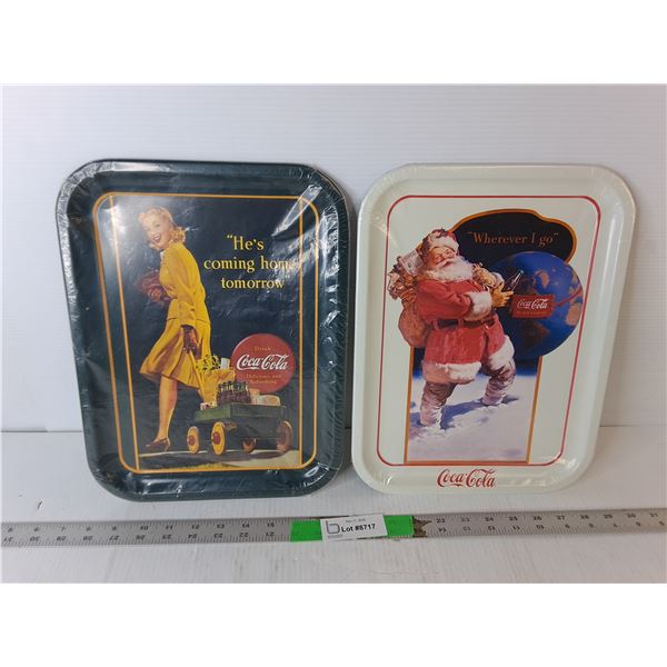 (2) Coca- Cola Trays- "Wherever I go" & "He's Coming Home Tomorrow" 13.75" x 10.5"