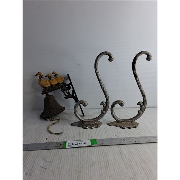 Vintage (2) Wall Mount Hangers 10"/ Wall Mount Bell 8"