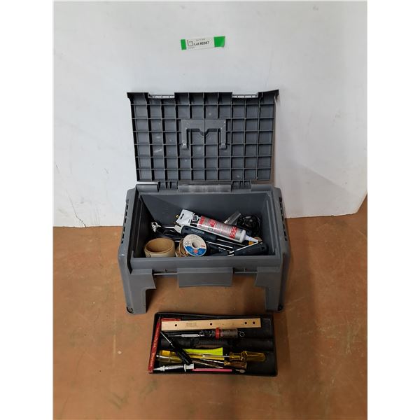 *Plastic Storage Stool-Broken Latches 20" x 12" x 14" Tools- Screwdrivers, Speaker Wire, Kwik Seal,