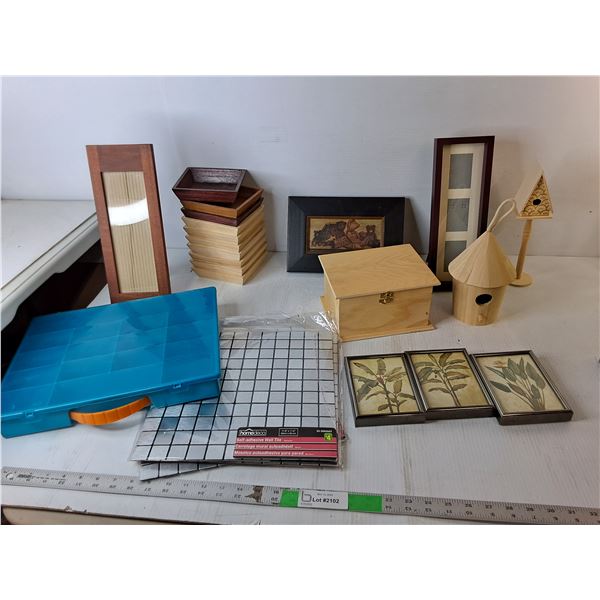 Adhesive Wall Tiles, Wood Trays, Plastic Storage Bin with Compartmens, Misc.