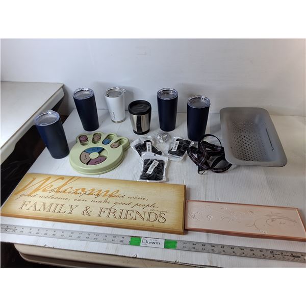 Stainless Tumblers & Mug, Welcome Sign 23" x 7", Earbuds, Misc.