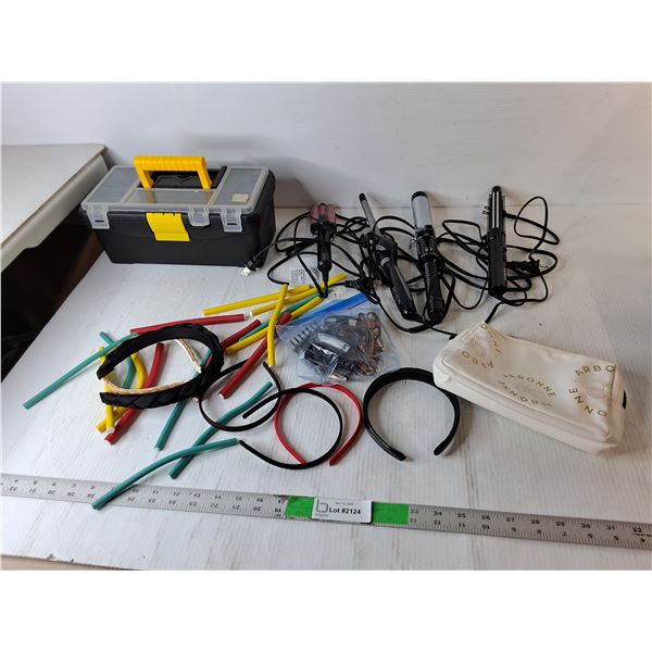 (4) Curling Irons- Power On, Plastic Toolbox 12.5", Arbonne Makeup Bag