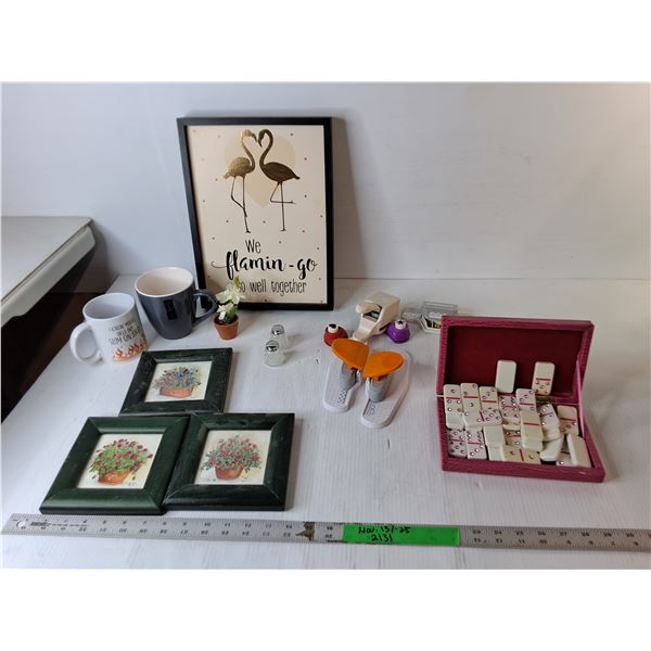(2) Ceramic Mugs, Border Punches, Dominoes, Misc.