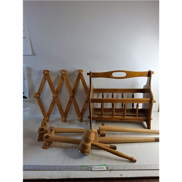 Wooden - Magazine Rack 15" x 8" x !5"/ (4) Legs 16"/ Meat Mallet/ Towel Wall Hanger